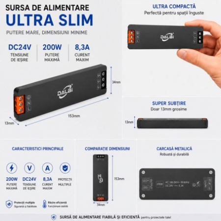 Sursa Alimentare LED 24V 200W 8A Ultra Slim 13mm - Img 2