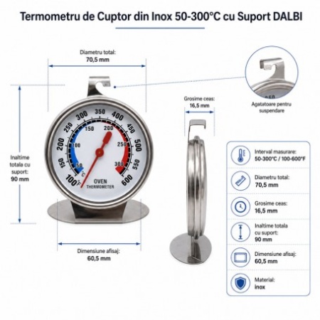 Termometru de Cuptor din Inox 50-300°C cu Suport - Img 2