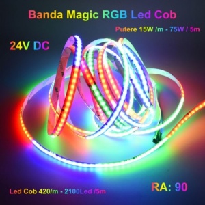 Banda Cob Led Digital Magic RGB 420D - 24V-10mm, Putere 15W/m - Luminozitate RA 90 - Protectie IP 20 - Rola 5m - Img 2