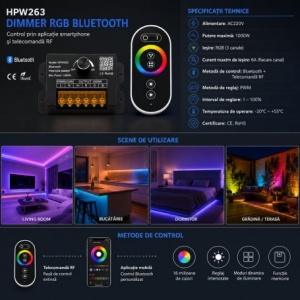 Controler Banda LED RGB 220V 1000W Bluetooth cu Telecomanda RF si Reglaj Manual HPW263 - Img 3