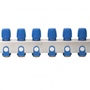 Distribuitor inox 8 cai cu robineti albastru 1"x 3/4"