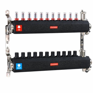 Distribuitor inox izolat cu debitmetre aerisitor automat si robinet de golire 11 cai 1x3/4