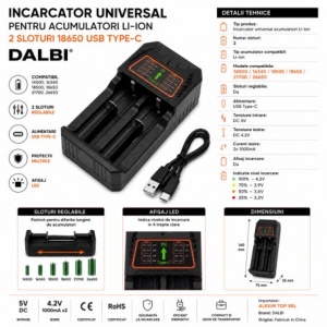 Incarcator Universal pentru Acumulatori Li-ion 2 Sloturi 18650 USB Type-C - Img 2