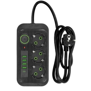 Prelungitor 3 metri cu 3 prize, 4 porturi USB + 1 port Type-C, 2500W si intrerupator pentru protectie