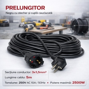 Prelungitor negru 3x1,5mm², lungime 5m, cu stecher si cupla cauciucata, 250V AC 10A, 2500W - Img 4