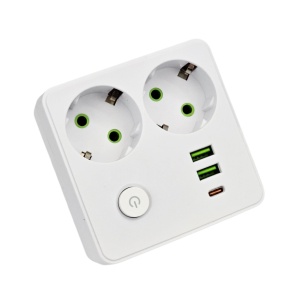 Triplu stecher Schuko cu 2 prize 220V, 2x USB-A + 1x USB-C, buton ON/OFF, 2500W