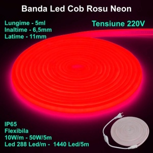 Banda LED COB neon flex - 288 led/m - IP65, 220V - 10W/ml, rola 5m - Img 7