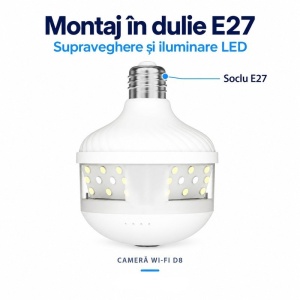 Camera de Supraveghere Wi-Fi Tip Bec E27, Panoramica 360°, cu Iluminare LED D8 - Img 6