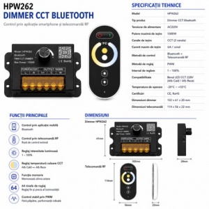 Controler Banda LED CCT 220V 1000W Bluetooth cu Telecomanda RF si Reglaj Manual HPW262 - Img 2