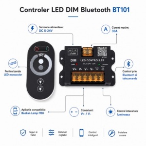 Controler LED DIM 5-24V 30A Bluetooth pentru Banda LED Monocolor BT101 - Img 5