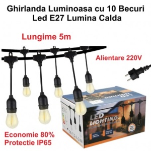 Ghirlanda Luminoasa 5 metri cu 10 Becuri Led E27 Lumina Calda, Alimentare 220V - Img 3
