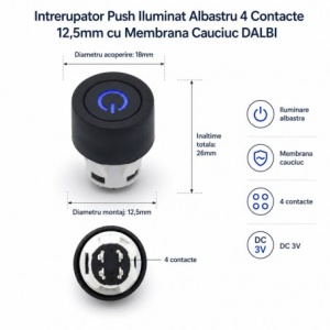 Intrerupator Push Iluminat Albastru 4 Contacte 12,5mm cu Membrana Cauciuc - Img 2