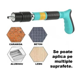 Kit pistol pneumatic pentru cuie, nituri, calibru 7.3 cm cu accesorii de protectie si 100 cuie incluse - Img 2