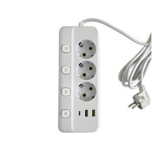 Prelungitor 3 metri cu 3 prize, 2 porturi USB + 1 port Type-C, 2500W si intrerupatoare