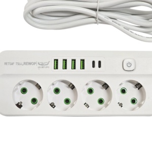 Prelungitor 3 metri cu 4 prize, 4 porturi USB + 2 port Type-C, 2500W si intrerupator de protectie, alb - Img 3