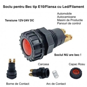 Suport indicator tensiune pentru bec E10 cu led rosu 12V-24V - Img 6