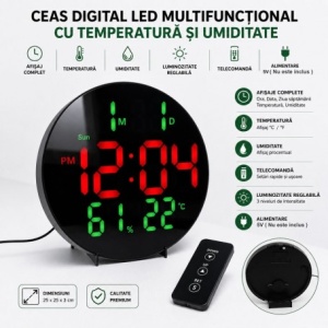 Ceas Digital LED Rotund 26cm Rosu-Verde cu Telecomanda, Temperatura si Umiditate 3813L - Img 3