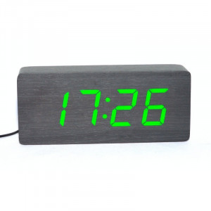 Ceas Digital Mare ,Lemn Negru-Led Verde 21x9x4,8cm