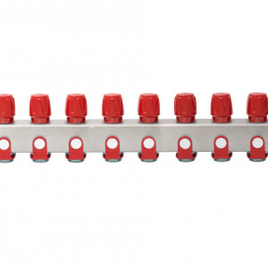 Distribuitor inox 10 cai cu robineti rosu 1"x 3/4"