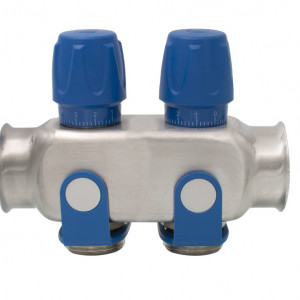 Distribuitor inox 2 cai cu robineti albastru 1"x 3/4"