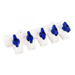 Distribuitor PPR cu robineti sferici, 20mm, albastru, 5 cai