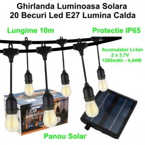 Ghirlanda Luminoasa cu Incarcare Solara, 10 metri cu 20 Becuri Led E27 Lumina Calda - Img 3