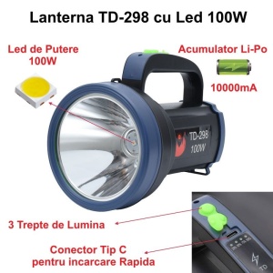 Lanterna cu acumulator si LED 100W si 3 faze de lumina / Acumulator LI-Po - Img 3
