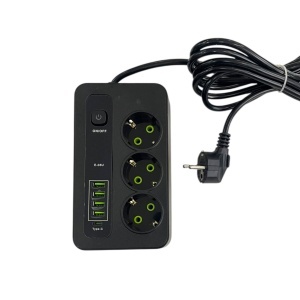 Prelungitor 3 metri cu 3 prize, 4 porturi USB + 1 port Type-C, 2500W si intrerupator protectie