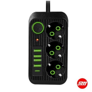 Prelungitor ,priza multipla, 5 m, 3xUSB, Type-C, negru/verde