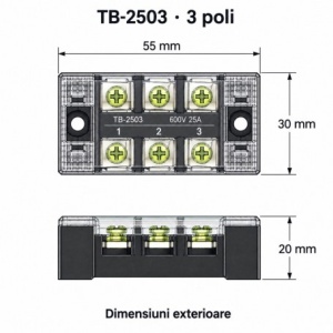Regleta Electrica cu Contacte din Alama Nichelata, 3 Poli, 25A 600V, cu Capac, TB-2503 - Img 4