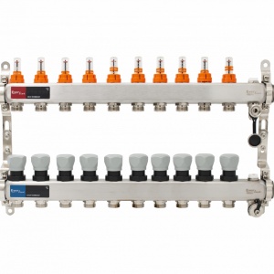 Set distribuitor inox cu debitmetre, aerisitor manual si robineti de golire 1"- 10 cai