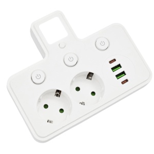 Adaptor Multipriza 2500W cu 2 Prize Schuko, 2 USB-A, 2 USB-C PD, Lumina LED de Veghe, intrerupătoare individuale
