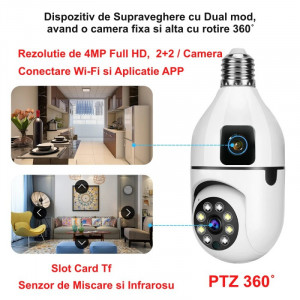 Camera de supraveghere cu IP Dual View PTZ 360 grade si fixa, E27 - Img 2
