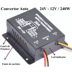 Convertor Auto de Tensiune 24V-12V DC / 20A