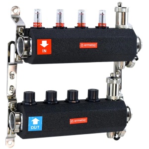 Distribuitor inox izolat cu debitmetre aerisitor automat si robinet de golire 4 cai 1x3/4