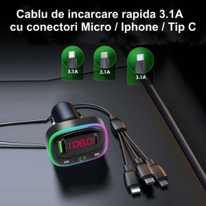 Modulator FM auto cu Bluetooth 5.0 / MP3 player si incarcator USB-C cu 3 porturi - Img 5