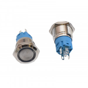 Push buton 5-24V / 19mm cu LED albastru si simbol up - Img 4
