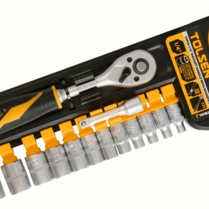 Set de 14 chei tubulare de 1/4" cu maner cu clichet Cr-V, Industrial, Tolsen