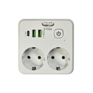 Triplu stecher Schuko cu 2 prize 220V, 2x USB-A + 1x USB-C, buton ON/OFF, 2500W