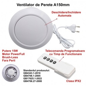 Ventilator rotund de baie 150 mm - 15W cu clapeta automata, telecomanda si programare - IPX2 - Img 11