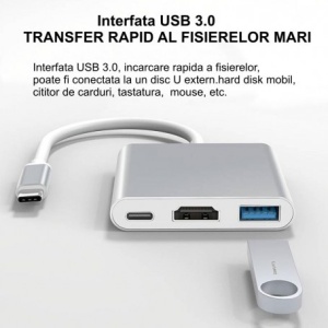 Adaptor 3 in 1 Video Usb Tip-C la HDMI 4K - Usb 3.0- Usb Tip-C - Img 2