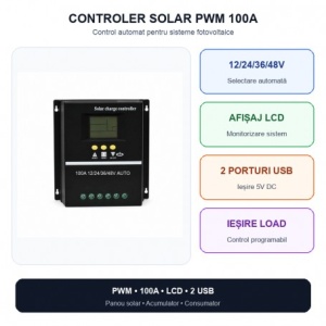 Controler Incarcare Solara PWM 100A, 12/24/36/48V Auto, LCD si 2 USB - Img 5