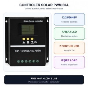 Controler Incarcare Solara PWM 60A, 12/24/36/48V Auto, LCD si 2 USB - Img 5