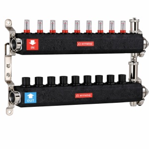 Distribuitor inox izolat cu debitmetre aerisitor automat si robinet de golire 9 cai 1x3/4