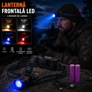 Lanterna Frontala LED 4 Culori Alb Cald Alb Rece Albastru Rosu Acumulator 18650 USB-C Zoom - Img 4