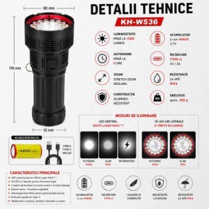 Lanterna Profesionala LED Ultra Puternica cu LED Central Laser, 19 LED-uri, Acumulator 44650, Incarcare Type-C KH-W536 - Img 8