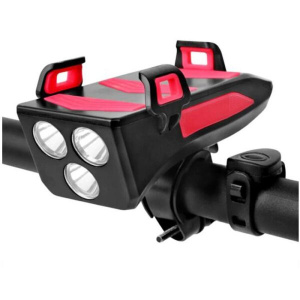 Lumina bicicleta 4 in1, ABS, Suport telefon, Claxon, 2000mAh, Rezistent la apa, Negru/Rosu