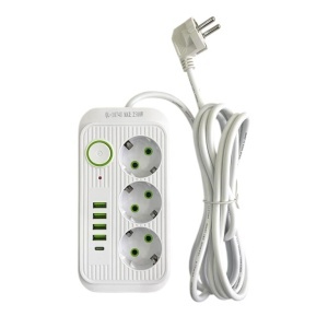 Prelungitor 3 metri cu 3 prize, 4 porturi USB + 1 port Type-C, 2500W si intrerupator pentru protectie, alb