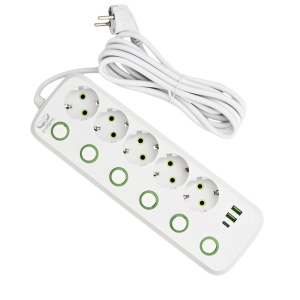 Prelungitor 5 prize Schuko, USB A, USB C si intrerupator individual pentru fiecare priza 1,90 metri - Img 1