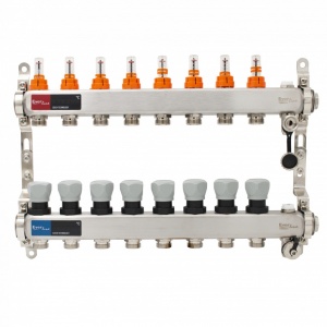 Set distribuitor inox cu debitmetre, aerisitor manual si robineti de golire 1"- 8 cai